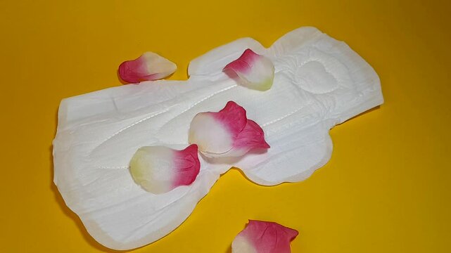 Sanitary napkin and flower petals. A concept that shows softness for the feminine area, is able to accommodate large amounts of blood and still keeps the feminine area dry., isolated on yellow.