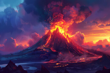 Dramatic sunset view of an erupting volcano with glowing lava flowing down its slopes, surrounded by vibrant clouds and spectacular scenery.