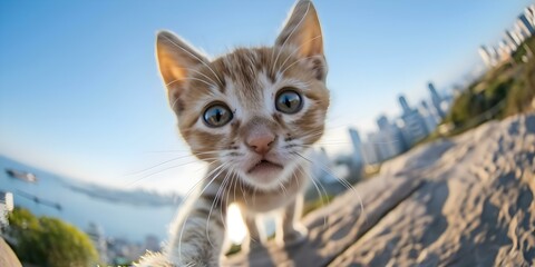 Obraz premium Kitten on hill against city skyline takes selfie with fisheye lens. Concept Animal Photoshoot, Cityscape Backdrop, Fisheye Selfie, Kitten on Hill, Creative Portraits