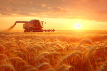Fototapeta premium Golden wheat field during sunset with a combine harvester working, highlighting a picturesque scene of agricultural harvest and rural beauty.