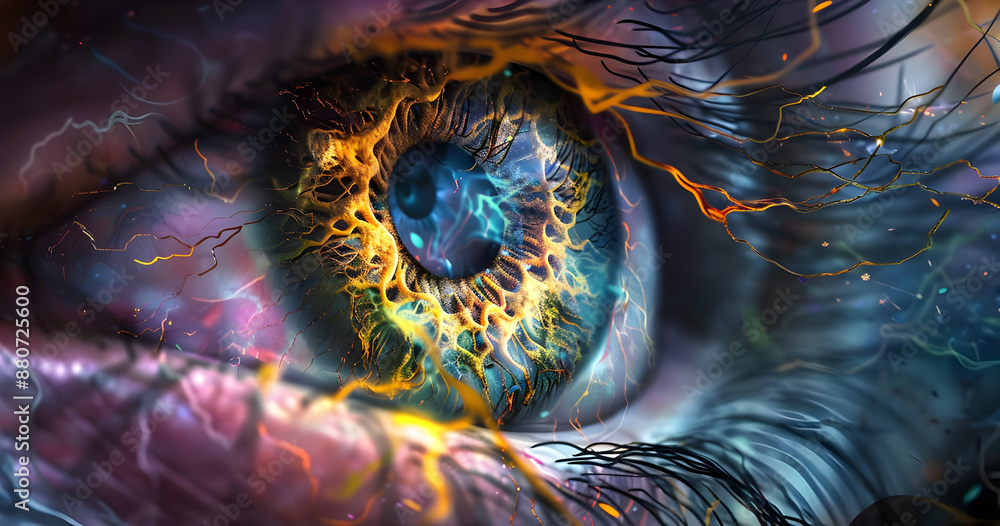Poster macro shot of a vibrant and colorful eye with electric and fiery visual effects, creating an intense