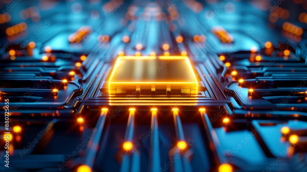 Poster abstract technology circuit board with glowing processor.