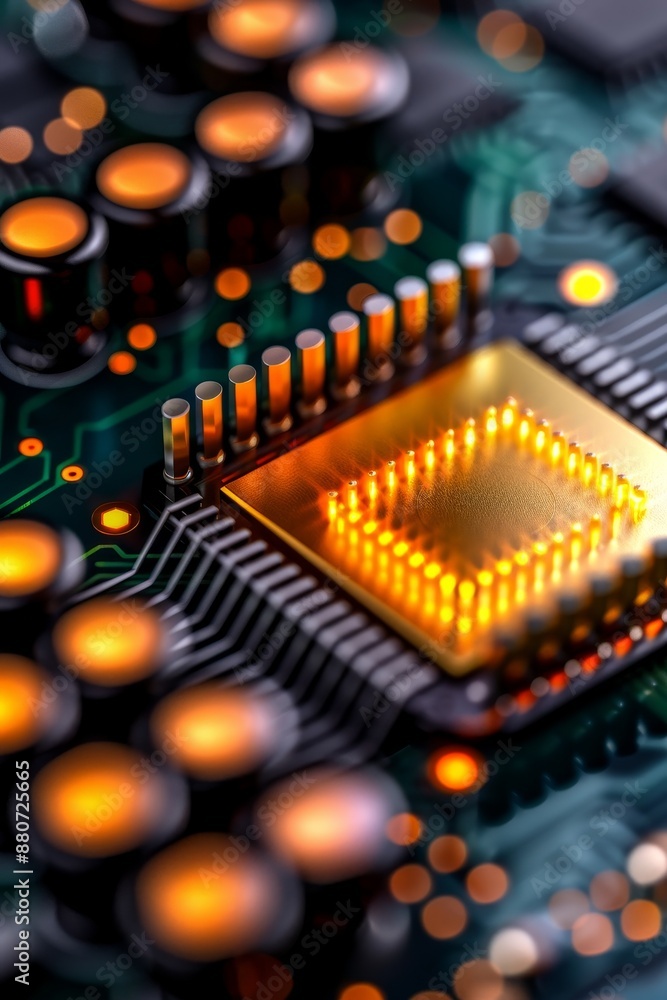 Poster closeup of a glowing microprocessor on a circuit board.