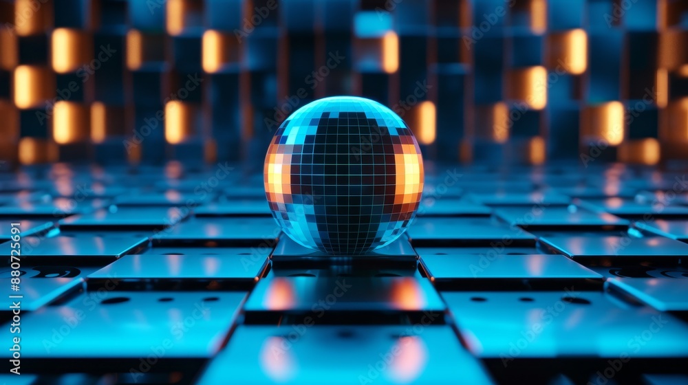Aufkleber abstract technology sphere with glowing grid pattern and blue light reflection.