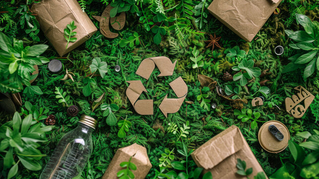 Eco-friendly packaging materials surrounding a recycling symbol on a lush green background, promoting sustainability and environmental awareness.