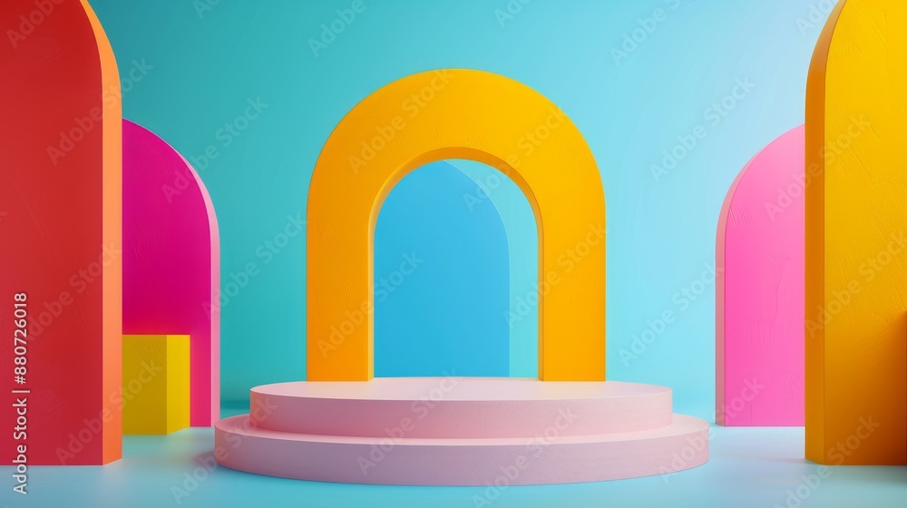 Poster abstract colorful archway minimalist product display platform.