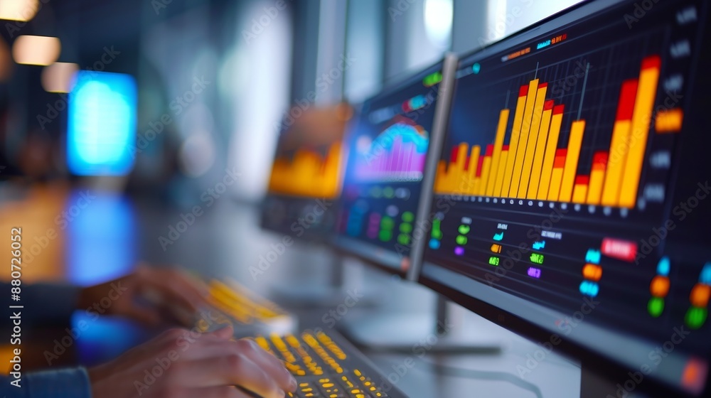 Poster business analyst working on financial data analysis and charts on computer monitors.