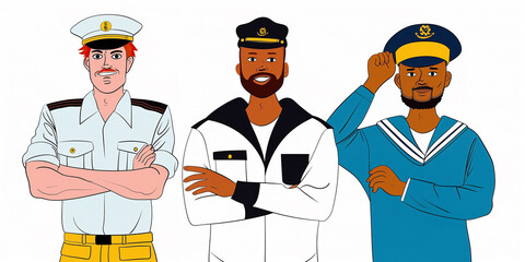 Ship captain and sailor in white and blue striped uniform and hat. Cruise ship crew young male characters cartoon vector illustration set.