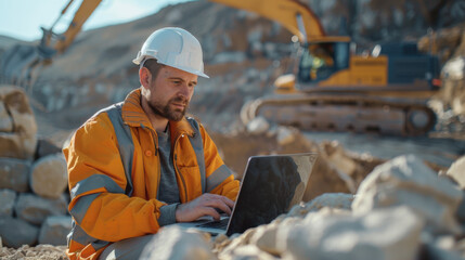 Naklejka premium A construction worker in a hard hat and safety vest uses a laptop at an excavation site, integrating technology into construction.