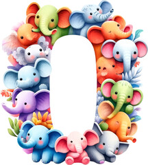 Fototapeta premium Colorful cartoon elephants forming the number zero, perfect for children's educational materials and playful designs.