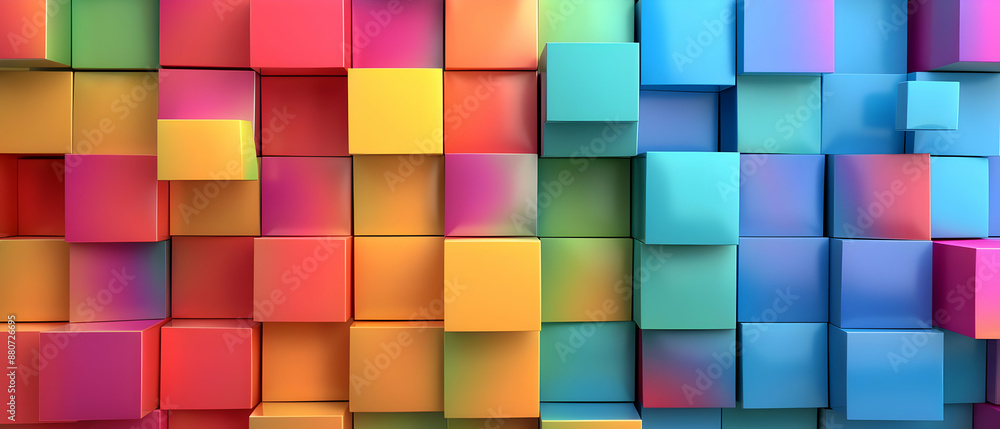 Poster Vibrant 3D geometric cubes in a gradient of rainbow colors, creating a visually striking and dynamic abstract background.