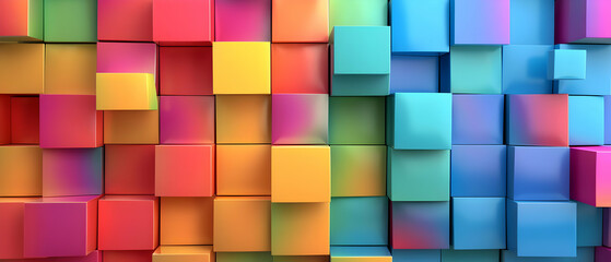Vibrant 3D geometric cubes in a gradient of rainbow colors, creating a visually striking and dynamic abstract background.