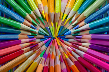 Fototapeta premium Vibrant array of colored pencils arranged in a circular pattern, showcasing various hues for creativity and art projects.