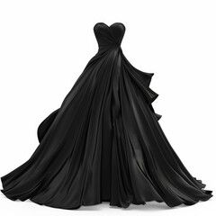 Naklejka premium A formal black evening gown with a fitted bodice and flowing skirt, isolated on white background.