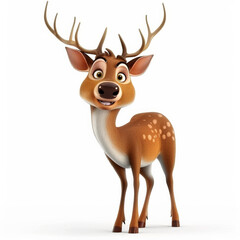 Fototapeta premium A cartoon 3D happy deer with antlers and a joyful look, standing gracefully, isolated on white background.