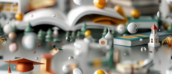 School Themed 3D Seamless Pattern with Graduation Caps, Certificates, and Buildings for Back to School Concept