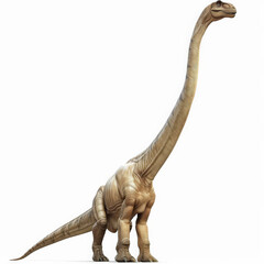 Obraz premium A majestic Brachiosaurus with its long neck reaching up, walking gracefully, isolated on white background.