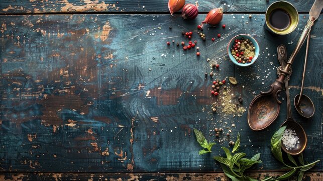 Spoon and ingredients on aged table