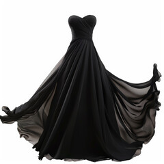 Naklejka premium A formal black evening gown with a fitted bodice and flowing skirt, isolated on white background.