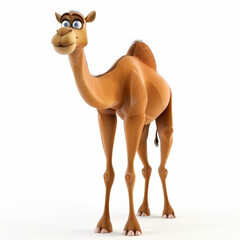Naklejka premium A cartoon 3D happy camel with two humps and a friendly look, standing tall, isolated on white background.