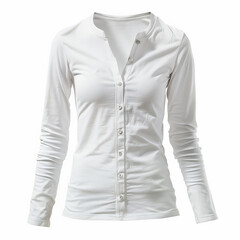 A casual white women's henley shirt with long sleeves and a three-button placket, isolated on white background.