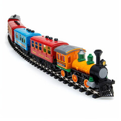 Obraz premium A toy train set with a locomotive and several cars, isolated on white background.