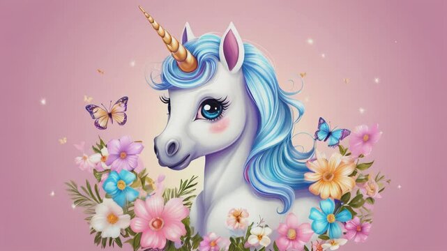 Fantasy unicorn adorned with flowers and butterflies in pastel hues. Animated unicorn in a magical meadow with butterflies and flowers under a clear blue sky.