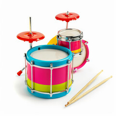 A colorful toy drum set with drumsticks, isolated on white background.