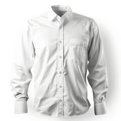 A classic white dress shirt with long sleeves, buttoned up, and a crisp collar, isolated on white background.