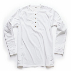 A casual white henley shirt with long sleeves and a three-button placket, isolated on white background.