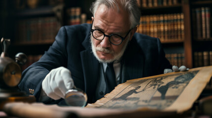 A distinguished expert in his fifties, wearing a suit, glasses, and white gloves, carefully analyzing an ancient African drawing with a magnifying glass