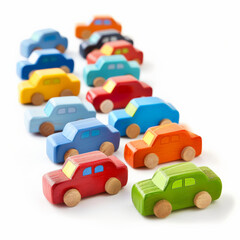 A set of wooden toy cars with colorful paint, isolated on white background.