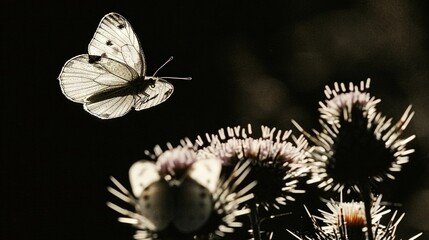   A macro shot of a butterfly perched on a flower, with another butterfly flying overhead above the blossoms