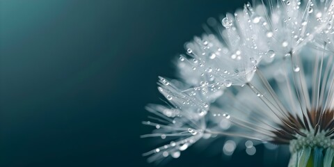 Macro shot of dandelion with water droplets on petals against dark backdrop. Concept Macro Photography, Dandelion, Water Droplets, Petals, Dark Background
