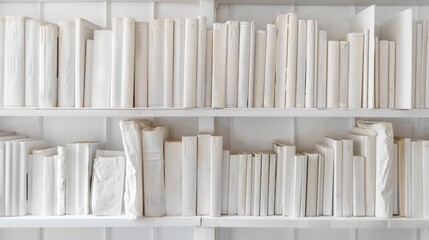 White Books shelf. A collection of white books on a bookshelf background