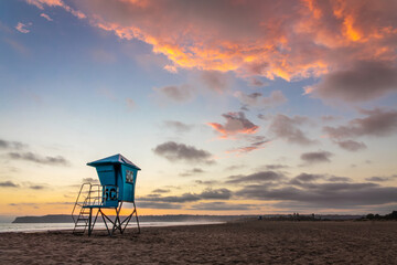 Lifeguard tower on Coronado beach at sunset in San Diego, California