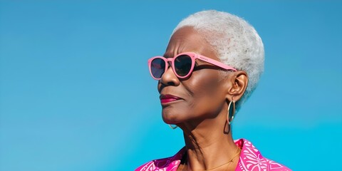 Elderly African American woman in vibrant attire and sunglasses enjoying vacation. Concept Vacation Photography, Elderly Model, African American Woman, Vibrant Attire, Sunglasses