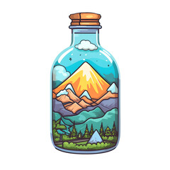 Simple Cartoon Artwork: Clean and Simple design of bottle with a mountains scene. 