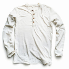A casual white henley shirt with long sleeves and a three-button placket, isolated on white background.