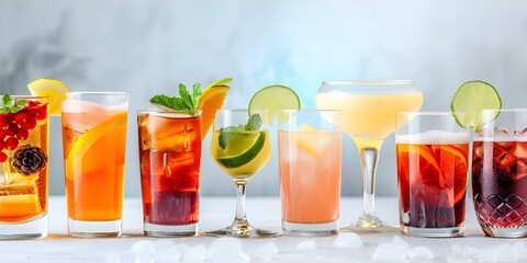 Display of various drinks in glasses for a colorful and celebratory event. Concept Colorful Drinks Presentation, Celebratory Event, Glassware Display, Beverage Variety, Vibrant Visuals