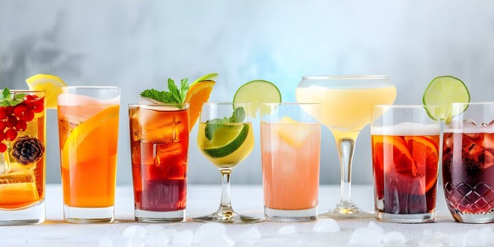 Display of various drinks in glasses for a colorful and celebratory event. Concept Colorful Drinks Presentation, Celebratory Event, Glassware Display, Beverage Variety, Vibrant Visuals