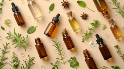 Aromatic essential oil bottles, green leaves, and herbs arranged on a light background. Ideal for wellness, natural remedy, and skincare concepts.