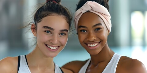 Two young women at sports club smiling and looking at camera. Concept Lifestyle Photography, Friendship, Fitness, Positive Vibes, Sports Club