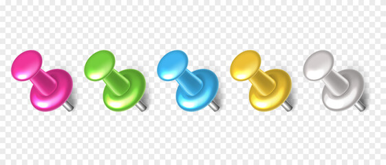 Vector 3D colorful push pin with shadow isolated on transparent background. Set of realistic plastic thumbtack in different angles.