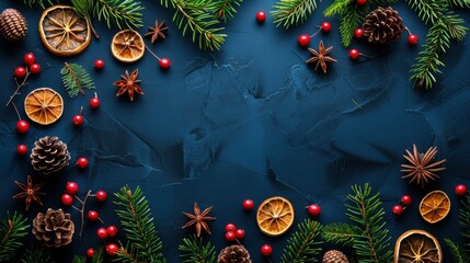 Festive Christmas background with evergreen branches, pine cones, dried oranges, and red berries on a dark textured surface.