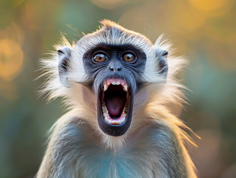 Close-Up Portrait of a Yelling Grey-Headed Langur Monkey in the Jungle