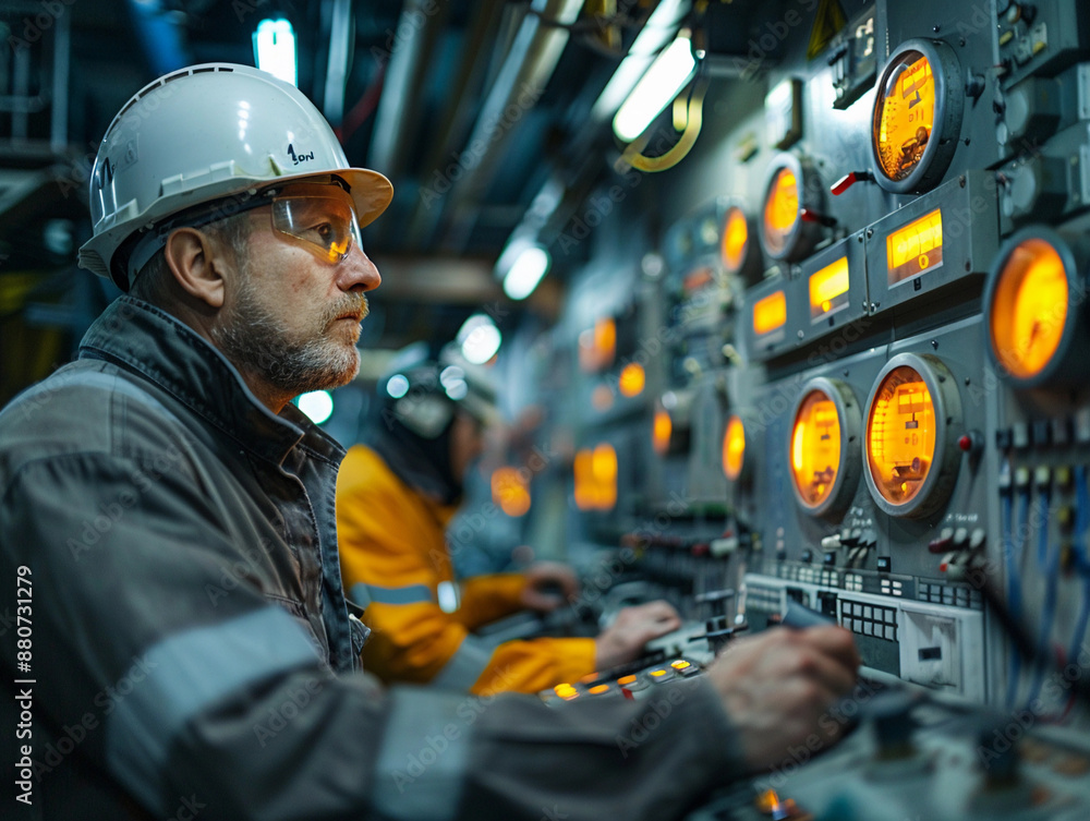 Aufkleber industrial worker monitoring control panel in factory setting