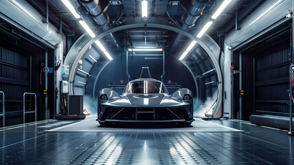 A team of engineers conducting aerodynamic tests in a wind tunnel on a sports car prototype