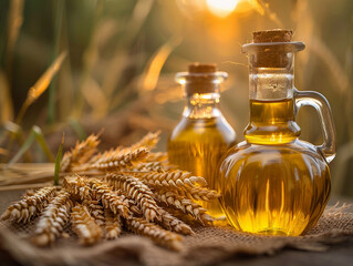 Bottles of Golden Wheat Germ Oil With Wheat Stalks at Sunset