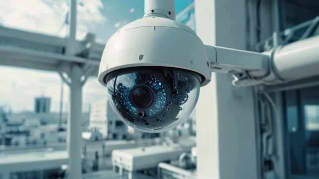 A white security camera is mounted on a pipe against a blurred background of a building.